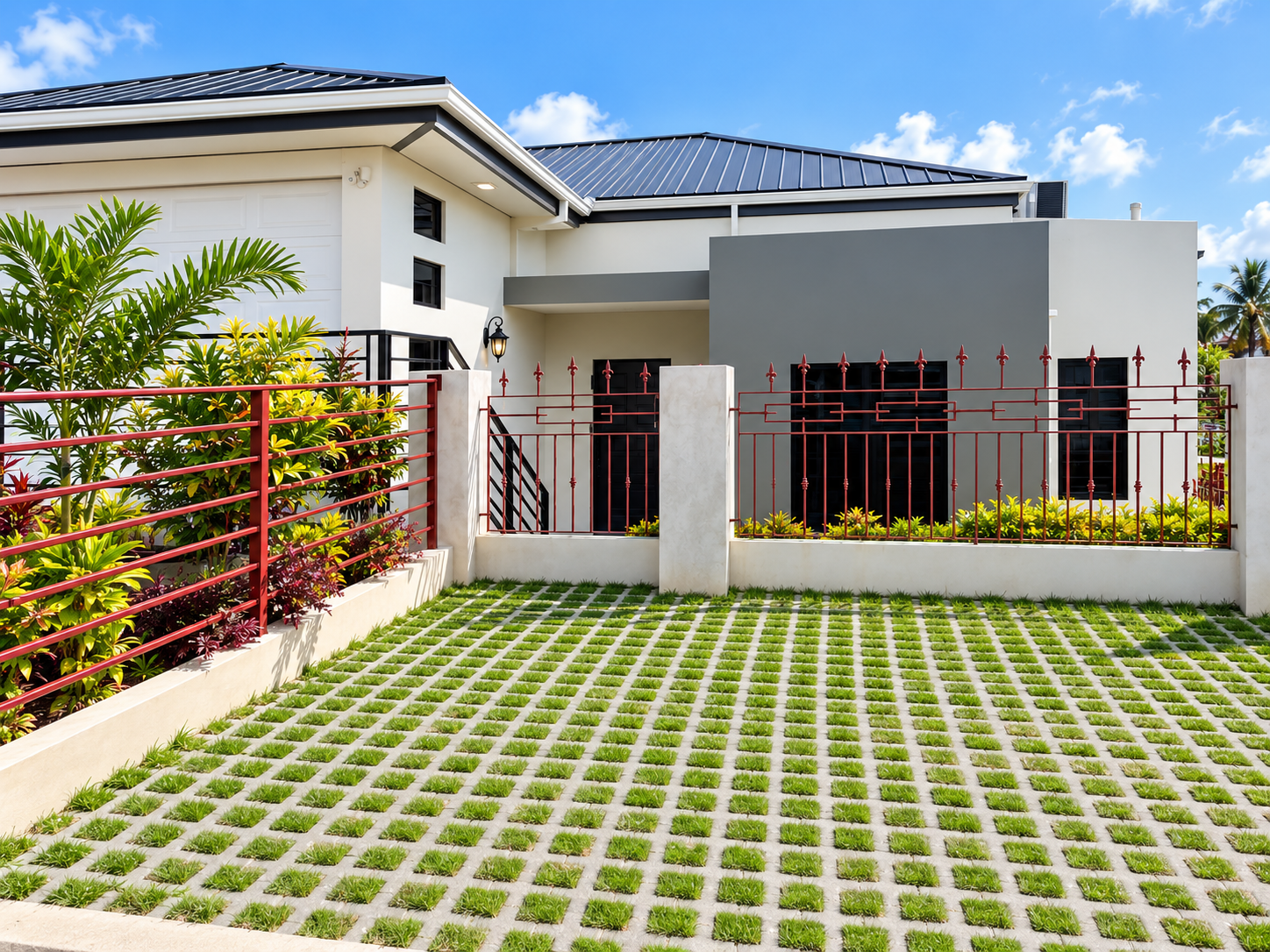 Completed residential property — modern white house with red metal fence, Jamaica