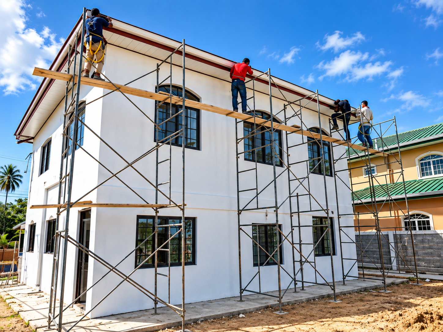 Construction workers on scaffolding during active build phase