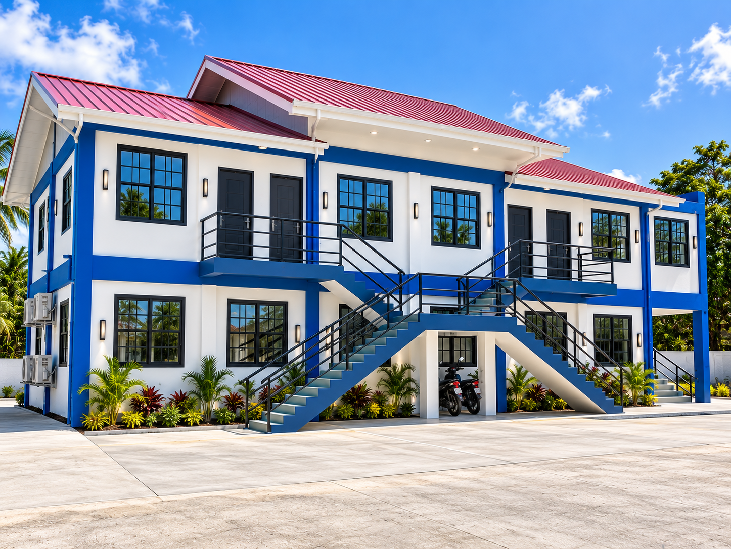 Completed government building with blue and white exterior and red roof — Jamaica